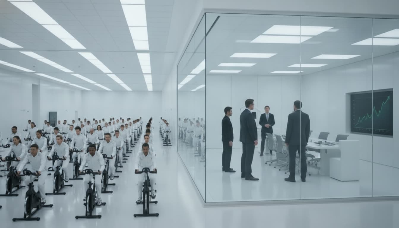 Executives in a glass meeting room watch a wall chart while rows of riders pedal on the facility floor beside them