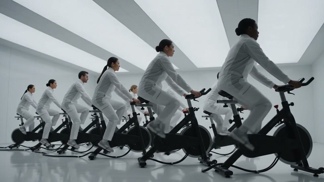 A row of riders on HR-24 stations in a bright white compute facility