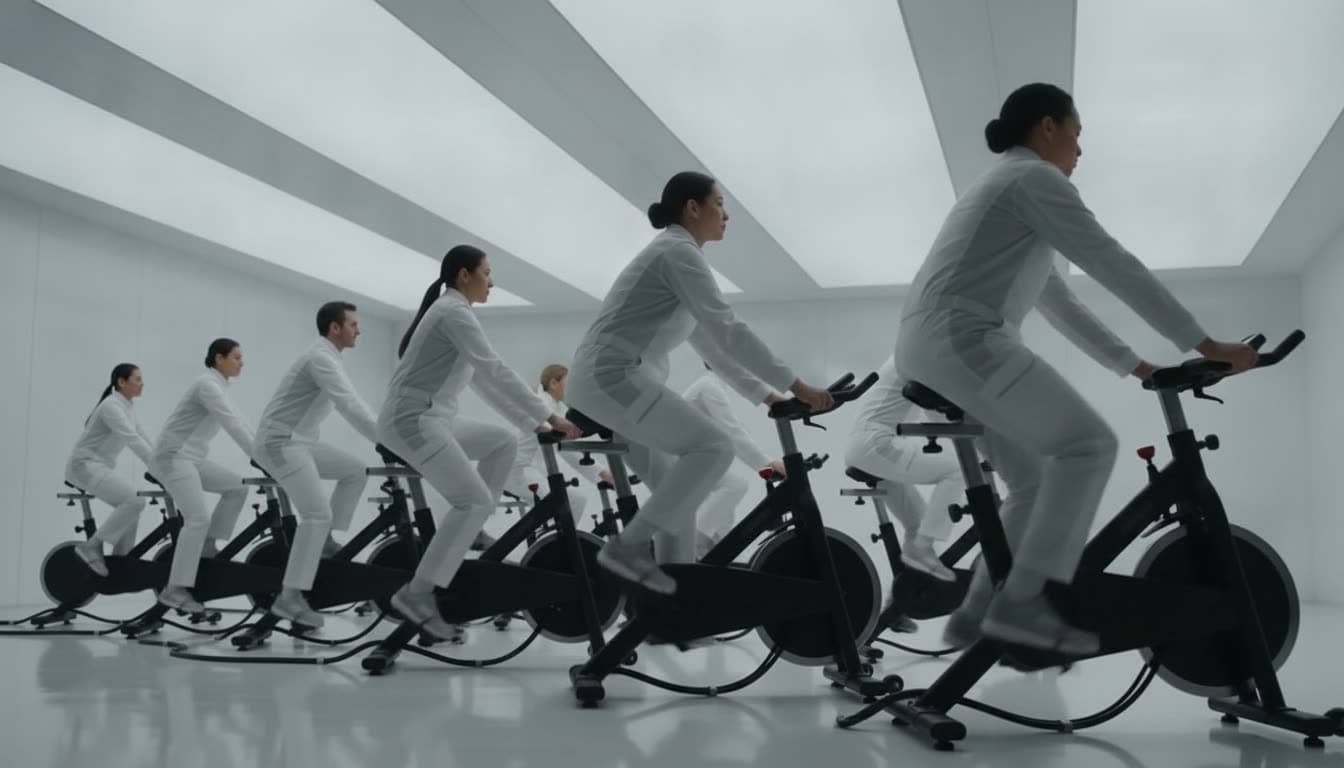 A calm synchronized row of riders pedaling at a steady aerobic pace