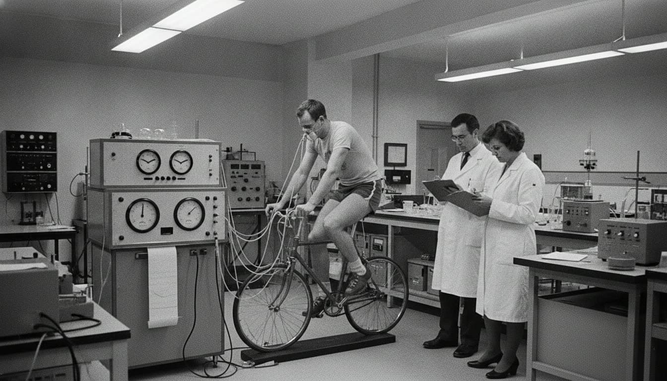 Black and white recreation of a 1970s laboratory ergometer study: a rider on a test bicycle wired to chart recorders while two scientists take notes
