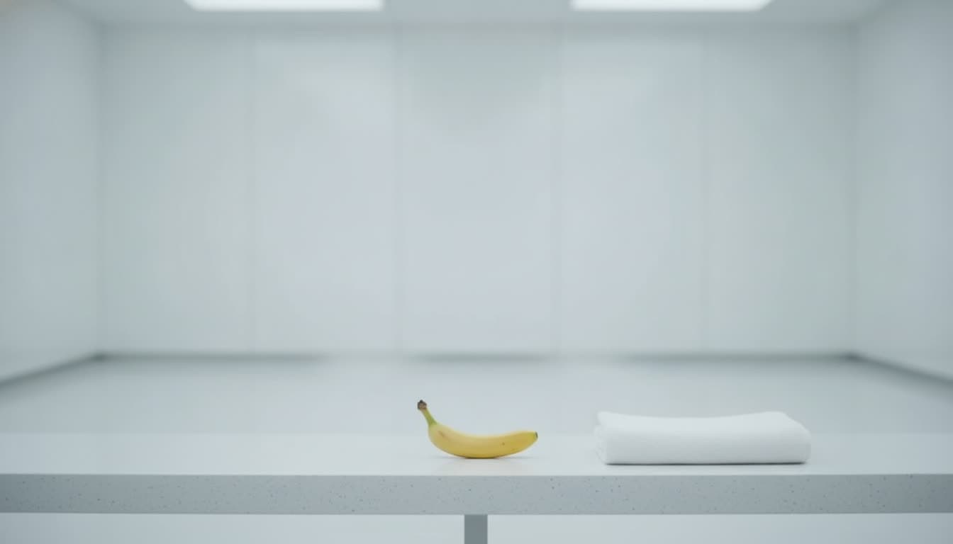 A single banana and a folded white towel on a clean white locker room bench